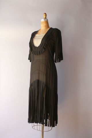1920s Dress Fringed Black Silk Carwash Flapper Fringe Vintage 20s Deco Dress 2