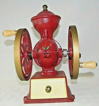 Vintage John Wright Coffee Mill Grinder Cast Iron Red And Gold (t1)