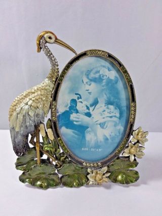 Vintage Enamel & Crystals Picture Frame By Tizo - Figural " Egret "