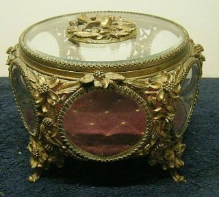 Lg Matson Beveled Glass Jewelry Casket Box Dogwood Bird Vintage Ormolu