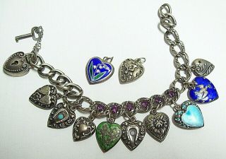 Vintage Sterling Enamel Puffy Heart Art Noveau Charm Bracelet - 12 Charms