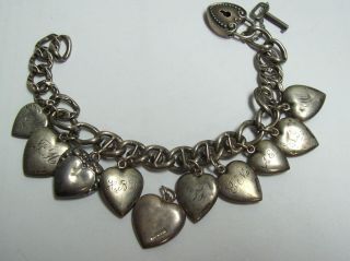 Vintage Sterling Enamel PUFFY HEART Art Noveau Charm Bracelet - 12 Charms 2