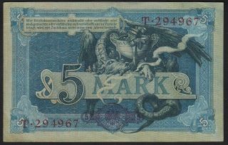 1904 5 Mark Germany Rare Vintage Paper Money Dragon Banknote Currency P 8a Aunc