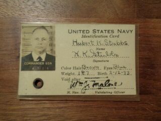 Vintage Wwii Era Us Navy Commander Picture Identification Card With Fingerprints