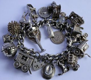 Rare Vintage Solid Silver Charm Bracelet & 21 Charms Inc.  1966 World Cup.  117.  3g
