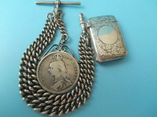 Antique Solid Silver Double Albert Chain Vesta Case & Coin Fob Not Scrap 82.  3g