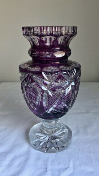 Purple Cut To Clear Glass Vase 11 1/2 Inch Tall Unsigned Antique Vintage 03398