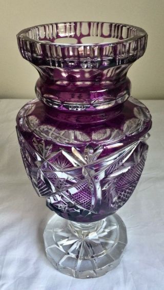 Purple Cut to Clear Glass Vase 11 1/2 inch tall Unsigned Antique Vintage 03398 8
