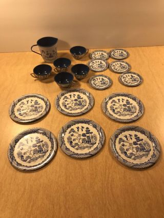 Vintage Ohio Art Tin Litho Tea Set Blue And White 18 Plates,  Saucers,  Cups