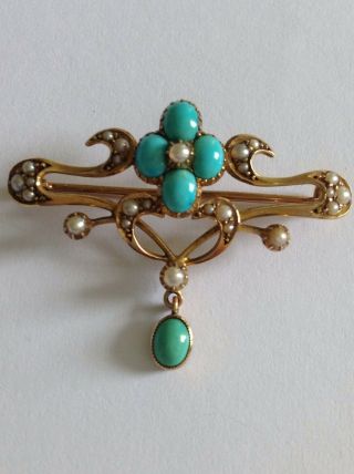 Fine Art Nouveau 15ct Gold Turquoise & Seed Pearl Set Brooch