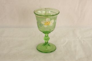 Antique Green Glass Hand Painted Flowers Enamel Decorated Wine Goblet Stem
