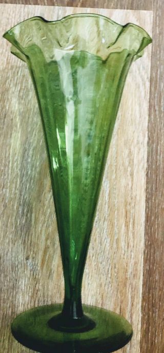 Tall Victorian 10”green Glass Trumpet Vase Antique Vintage Light Weight