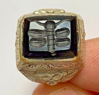 Late Medieval Silvered Ring Seal Butterfly Black Stone 12.  9gr (inner 19.  0mm)