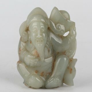 Antique Chinese Hetian Jade Carved Figure Statue With Cai Shen