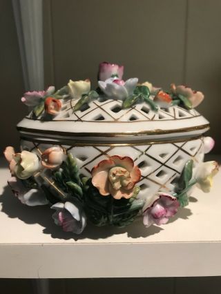 Vintage Hand Painted Porcelain Rose Trinket Jewelry Box 7”h X 5”w