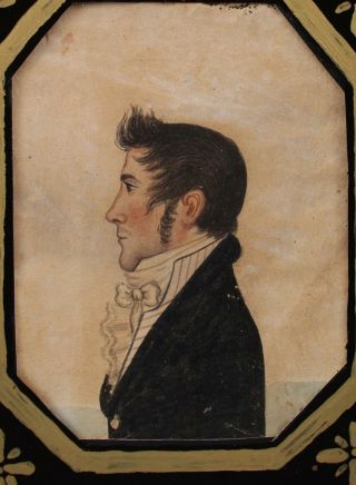 Antique 1810,  American School Miniature Folk Art Jersey Portrait Painting 3