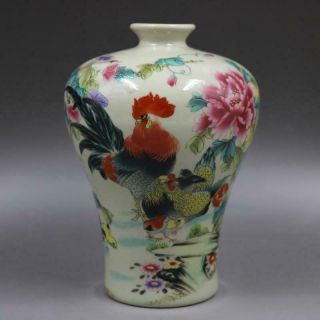 Chinese Old Porcelain Vase Pink Flowers And Cock Plum Bottle