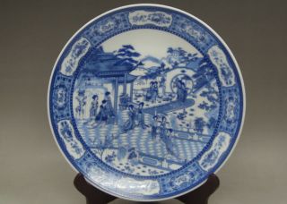 Chinese Rare Blue And White Porcelain Plate Painting Riverside Qianlong Mark Nr.