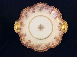 Antique B&h Limoges France Tab Handled Cake Plate Pink Flowers W/ Gold 10 3/4 "