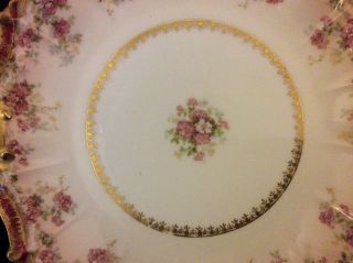 Antique B&H LIMOGES FRANCE Tab Handled Cake Plate Pink Flowers w/ Gold 10 3/4 