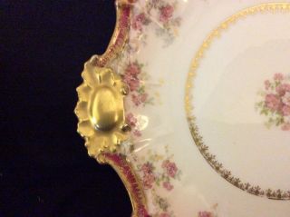 Antique B&H LIMOGES FRANCE Tab Handled Cake Plate Pink Flowers w/ Gold 10 3/4 