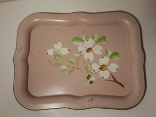 Small Vintage Hand Painted Pink Metal Tray With White Flowers