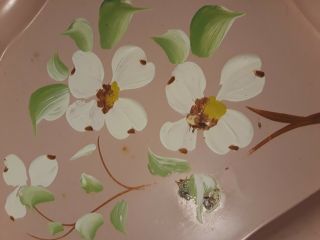 Small Vintage Hand Painted Pink Metal Tray with White Flowers 3