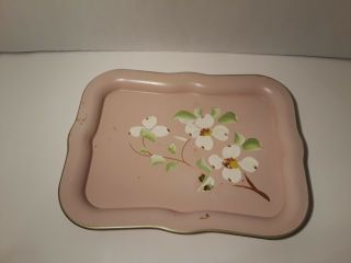 Small Vintage Hand Painted Pink Metal Tray with White Flowers 4