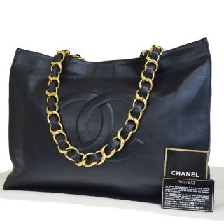 Authentic Chanel Cc Logo Chain Shoulder Bag Leather Black Vintage 56es433