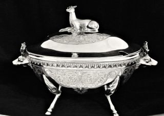 Rare Victorian Wilcox Silver Figural Old Goat Deer Heads Soup Tureen W/ladle