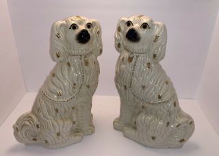 Antique Pair Staffordshire Dogs White Gold Statues Figurines Spaniel Standing