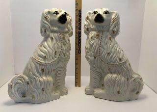 Antique Pair Staffordshire Dogs White Gold Statues Figurines Spaniel Standing 4