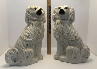 Antique Pair Staffordshire Dogs White Gold Statues Figurines Spaniel Standing 5