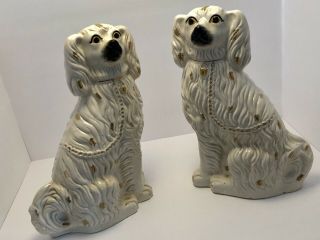 Antique Pair Staffordshire Dogs White Gold Statues Figurines Spaniel Standing 7
