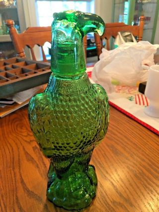 Vintage Green Glass Art Eagle Decanter Bottle,  Bird Shape Shot Glass Head