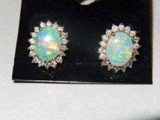 Estate 14k Gold Opal Diamond Halo Stud Earrings