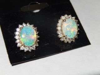Estate 14k Gold Opal Diamond Halo Stud Earrings 2