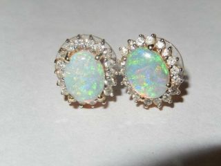Estate 14k Gold Opal Diamond Halo Stud Earrings 6