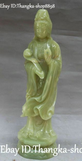 11 " China Natural Green Jade Kwan - Yin Bodhisattva Goddess Hold Ruyi Ru Yi Statue