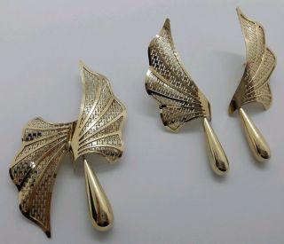 Rare Vintage Andreas Daub Germany 1980 Solid 9ct Yellow Gold Earrings Brooch Set