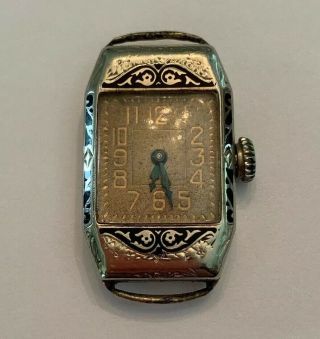 Vintage Antique 14k Gold Art Deco Elgin Black Enamel Ladies Watch