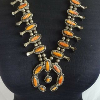 Vintage Navajo Sterling Silver Orange Spiny Oyster Shell Squash Blossom Necklace