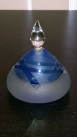 Vintage Signed Etched Hand Blown Blue And Frosted Perfume Bottle