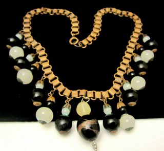 Rare Vintage 16 " X1 - 1/2 " Early Miriam Haskell Brass Glass Dangle Bib Necklace A48