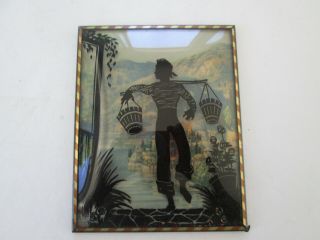 Vtg 1930s Convex Bubble Glass Reverse Painted Silhouette Picture Carrying Water
