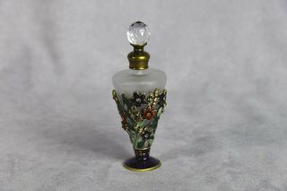 Frosted Art Glass Jeweled Perfume Bottle Flowers Stopper Vintage Rf703