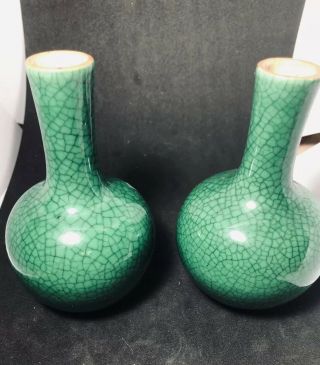 Antique Chinese Green Jade Crackle Glaze Porcelain Small Vase 5 Inches 2