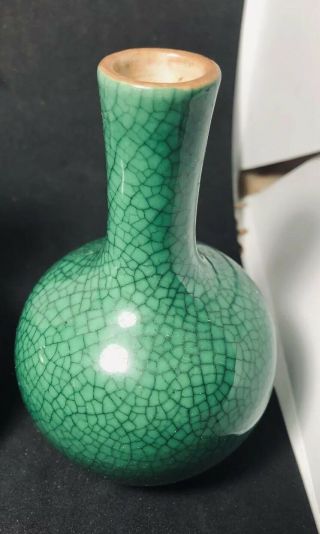 Antique Chinese Green Jade Crackle Glaze Porcelain Small Vase 5 Inches 3