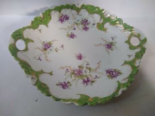 Antique Hand Painted Green Purple Floral Porcelain Cake Plate Gold Accents 11 "
