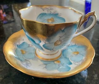 Vintage Queen Anne White And Gold Footed Tea Cup & Saucer With Magnolias Ornate